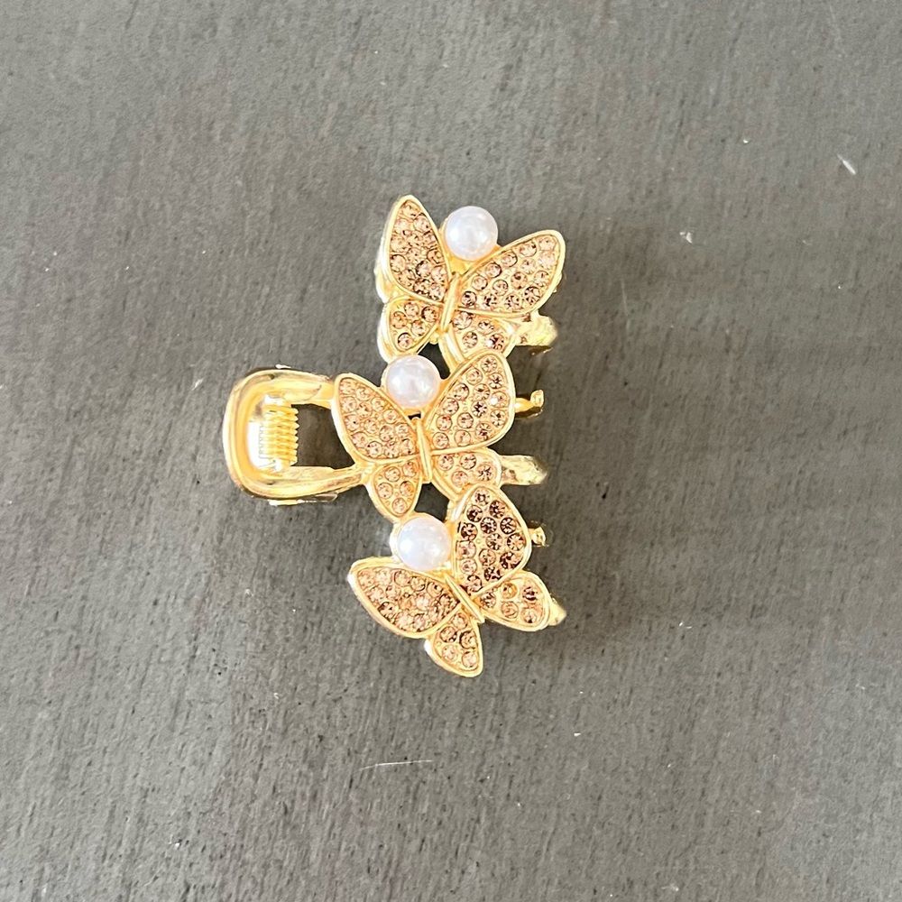 Triple Butterfly Allover Champagne Rhinestone & Pearl 2" Lobster Claw Hair Clip